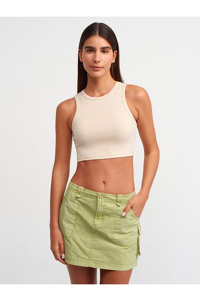 Dilvin 30962 Stitching Detailed Crop Top-Beige Melange