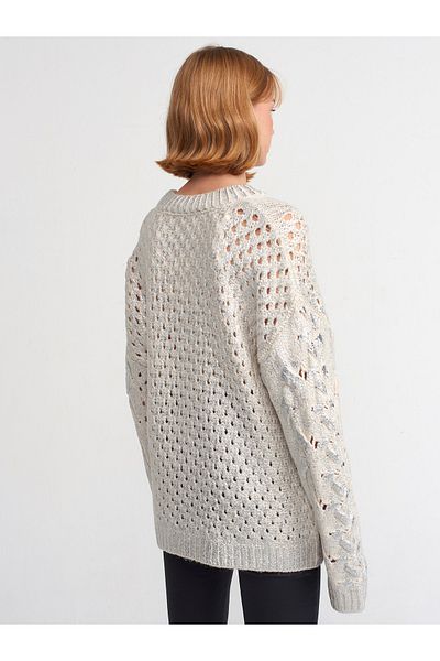 Dilvin 10465 Foil Print Hair Knitted Sweater-Ecru-Silver