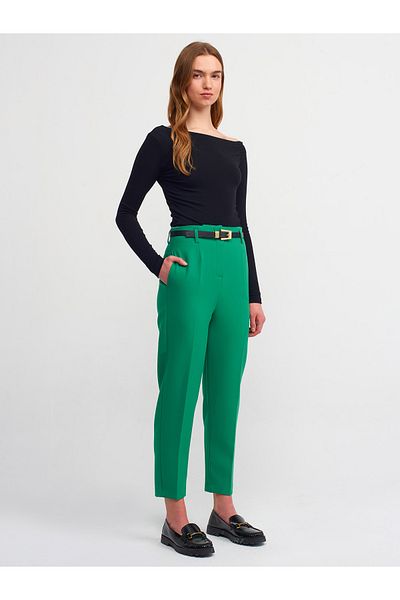 Dilvin 71233 Belted High Waist Trousers-Light Green
