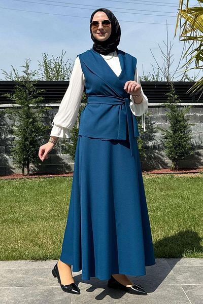 Rabia Şamlı Κομψό Σετ Γιλέκο Φούστα Petrol Blue