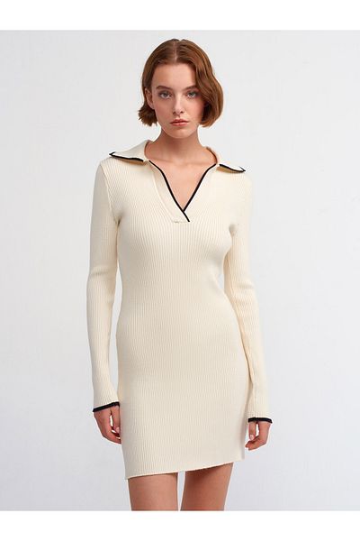 Dilvin 90159 Cream-Black Polo Collar Knitwear Dress