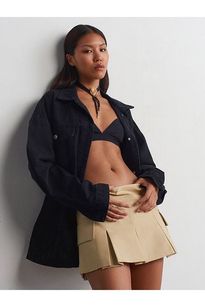 Dilvin 65352 Black Oversize Long Denim Coat