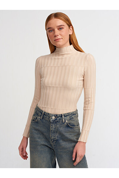 Dilvin 10507 Pulover cu snur cu guler stand-bej deschis