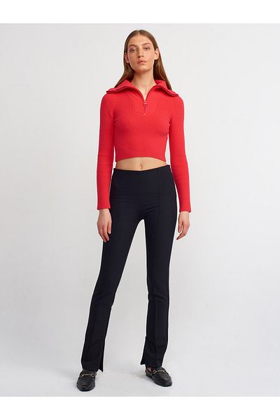 Dilvin 71244 Ornamental Stitched High Waist Trousers-Black