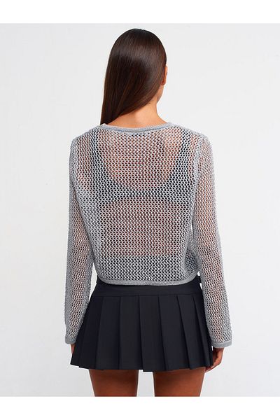 Dilvin 10350 Crew Neck Openwork Pattern Crop Sweater-grey