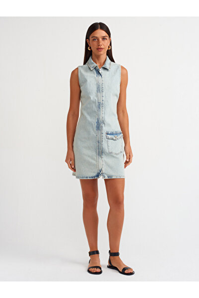 Dilvin 90538 Fermuarlı Denim Elbise-tint