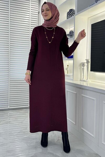 Rabia Şamlı Zebra Pattern Knitwear Dress Claret Red