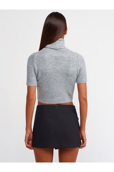 Dilvin 10487 Pulover crop cu mânecă scurtă și cu nervuri-gri închis