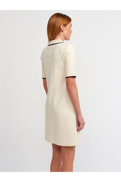 Dilvin 90168 Polo Collar Zippered Short Sleeve Knitwear Dress-Cream-Black
