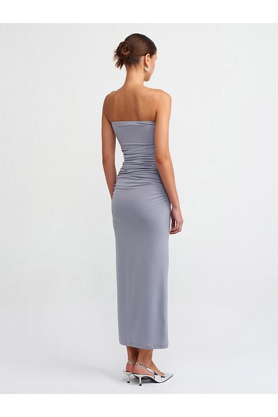 Dilvin 90865 Rochie midi drapată fără bretele-gri