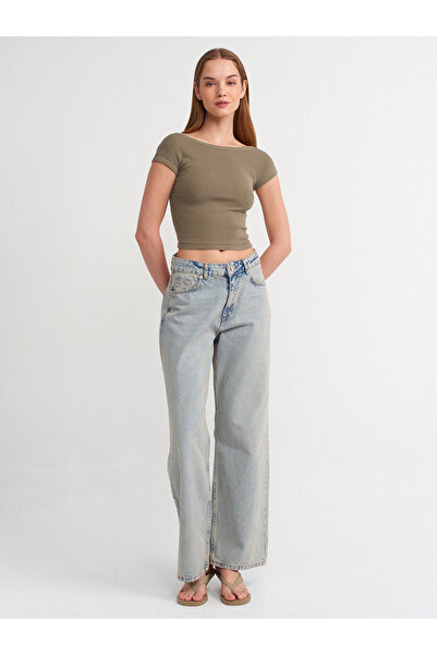 Dilvin 30419 Πίσω Λεπτομερές T-shirt Faded Effect-Khaki