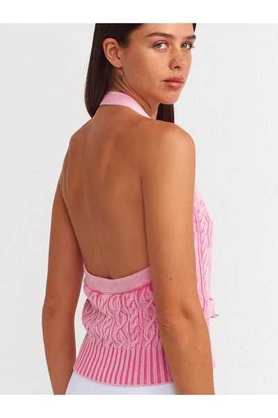 Dilvin 60234 Pink Knitwear Vest - Halter Collar and Button Detail