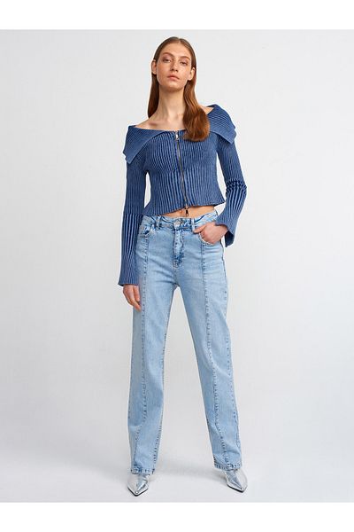 Dilvin 70902 Pantaloni din denim cu cusătură frontală, spălat cu zăpadă-albastru