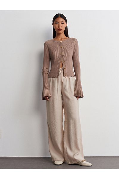 Dilvin 71515 Stone Colored Draped Trousers with Elastic Waist