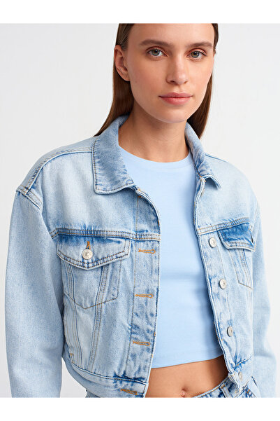 Dilvin 65348 Model Crop Denim Coat - Albastru