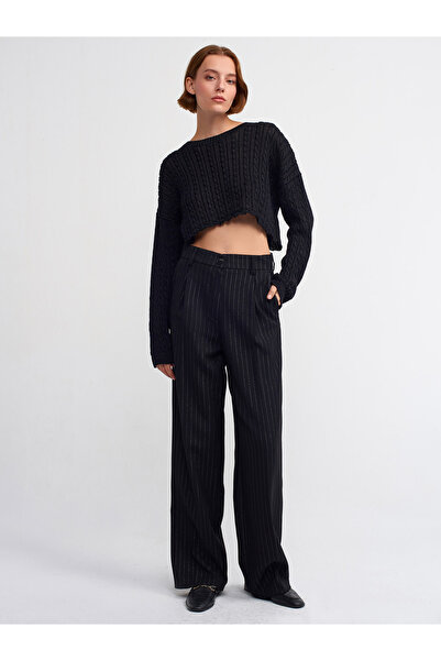 Dilvin 10440 Crew Neck Braided Glitter Crop Knitwear-černá