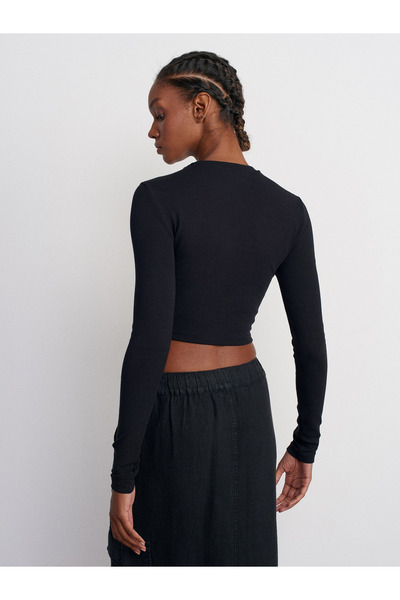 Dilvin 31236 Uzun Kollu Crop Top-Siyah