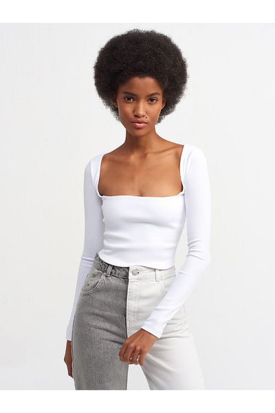 Dilvin 3700 geripptes Langarmshirt – Weiß