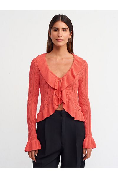 Dilvin 60220 Frilly Lace-up Knitwear Cardigan-Red