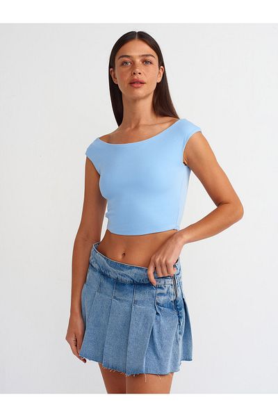 Dilvin Model 20869 - Top crop cu decolteu barca albastru deschis