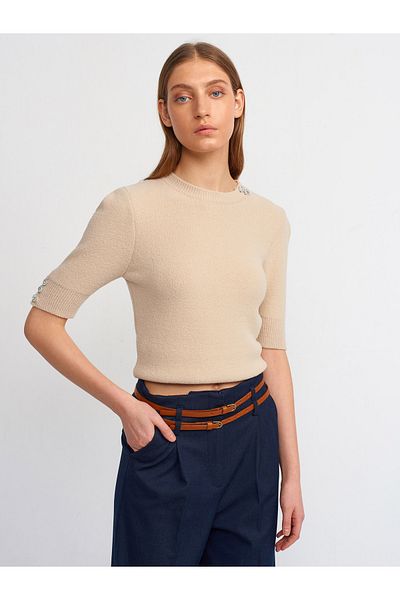 Dilvin 10295 Pulover cu mânecă scurtă cu gât roșu-bej