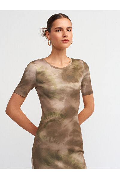 Dilvin 90186 Crew Neck Short Sleeve Printed Knitwear Dress-Khaki