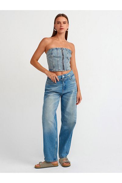 Dilvin 71502 Pantaloni cu balon din denim albastru - Curea subțire