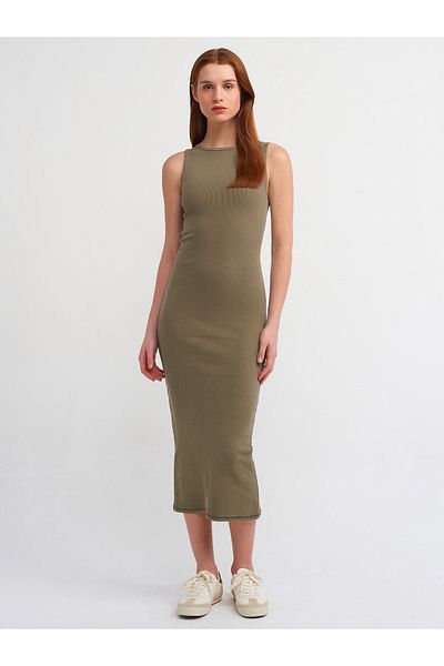 Dilvin 90891 Washing Effect Sleeveless Long Dress-Khaki