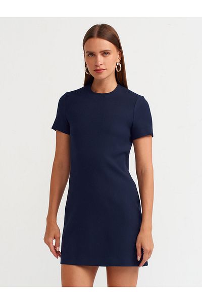 Dilvin 90899 Model Crew Neck Navy Blue Mini Dress