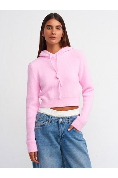 Dilvin 10486 Pulover crop cu glugă cu textura moale-roz