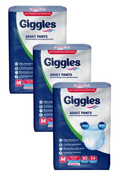giggles Adult Patient Diapers - Medium Size, Pantyhose, 30 Pieces X 3 Pieces