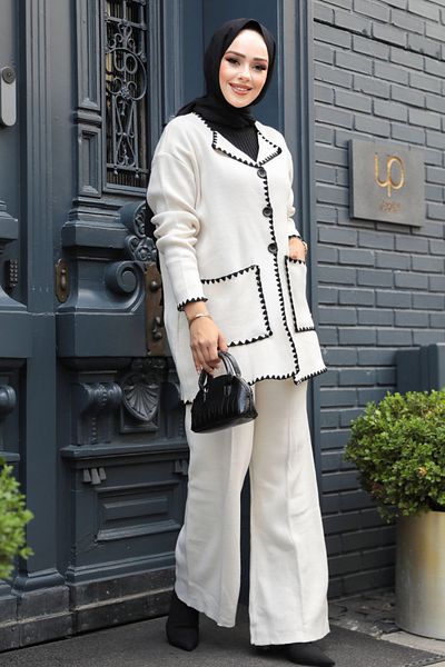 Neva Style طقم تريكو حجاب كريمي مكون من قطعتين - أزرار، 23304KR