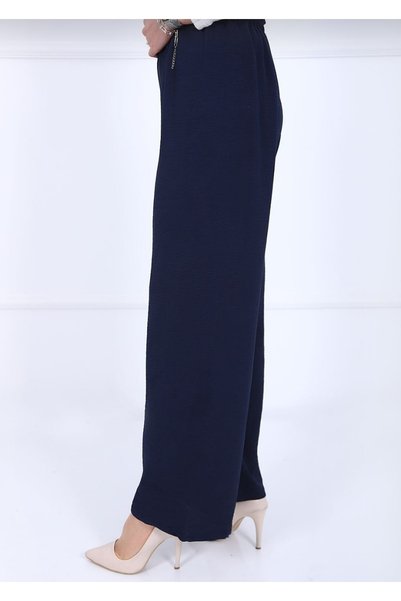 Elçelya Moda Women's Navy Blue Elastic Waist Ayrobin Fabric Wide Leg Large Size Pants