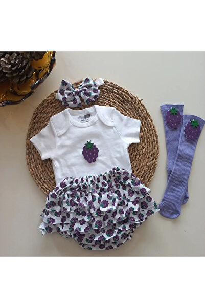 MARS BABY Kız Bebek Lila Böğürtlen Desenli Fırfırşort Etek Bandana Figürlü Ço...