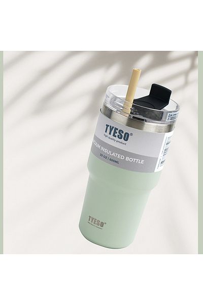 Tyeso Tripletask Termos Vakumlu Paslanmaz Çelik Pipetli 600ml Yeşil