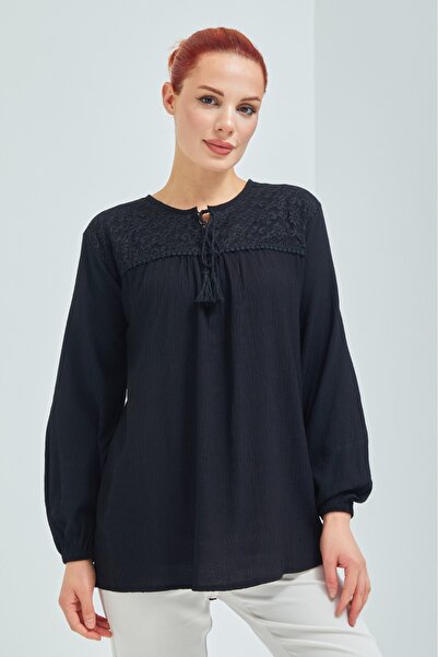 Elçelya Moda Γυναικεία Μαύρη Σιλέ Πανί Mother Χτενισμένη Βαμβακερή Μπλούζα