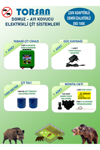 TORSAN 220v Adaptörlü Eko 1000 Elektrikli Çit Sistemi ( Domuz - Ayı Kovucu ) ...