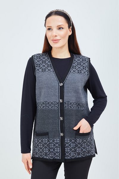 Elçelya Moda Women's Short Black Gray Patterned Knitwear Buttoned Pocket Winter Mother Vest