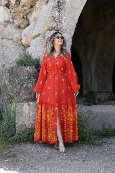 bytugcekaya Yellow Patterned Tile Skirt - Belted Dress