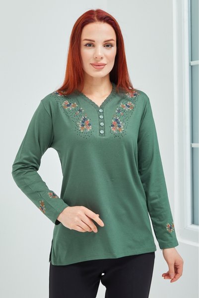 Elçelya Moda Women's Green V-Neck Buttoned Floral Lycra Mother's Combed Cotton Blouse