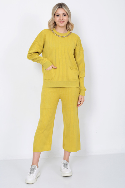 LUGMO Women's Knitwear Chain Pocket Sweater Trousers Set Oversize Mustard