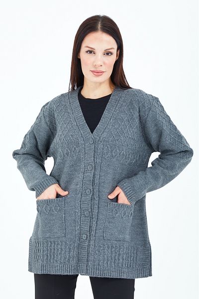 Elçelya Moda Women's Gray V-Neck Buttoned Pocket Knitted Wool Mother Knitwear Short Cardigan