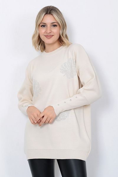 LUGMO Women's Knitwear Sweater Crew Neck Leaf Patterned Sleeve Rhinestoned Oversize Stone Color