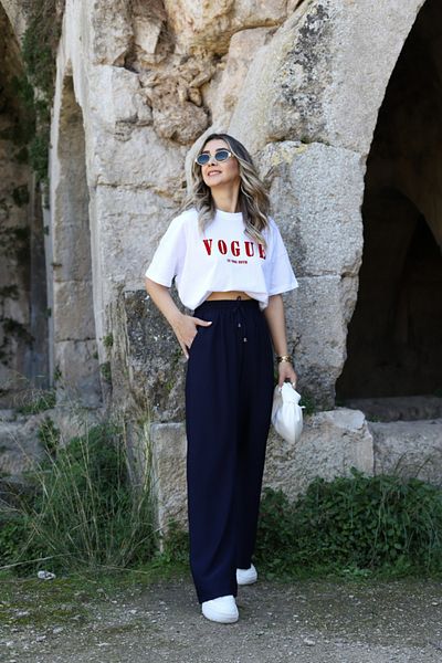 bytugcekaya Navy Blue Palazzo Bottom - Elastic Waist
