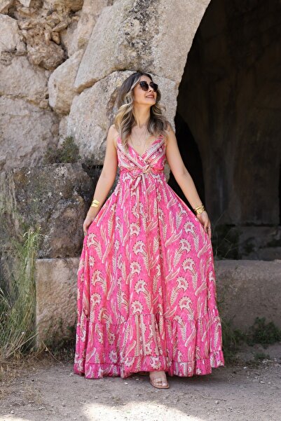 bytugcekaya Silk Satin Flounce Pink Strap Dress