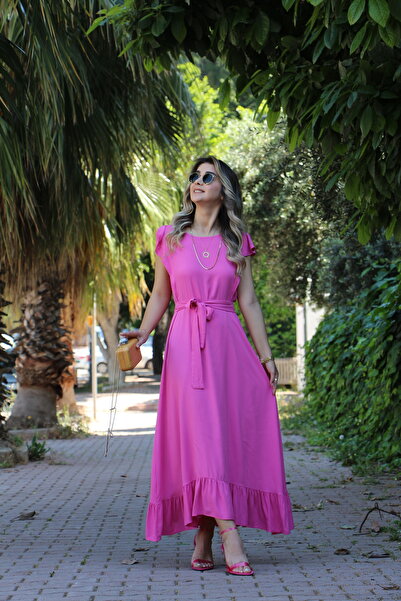 bytugcekaya Pink Flounced Dress with Ruffle Shoulder Detail