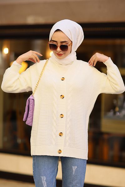 LUGMO Oversize Women's Hijab Knitwear Cardigan Ecru