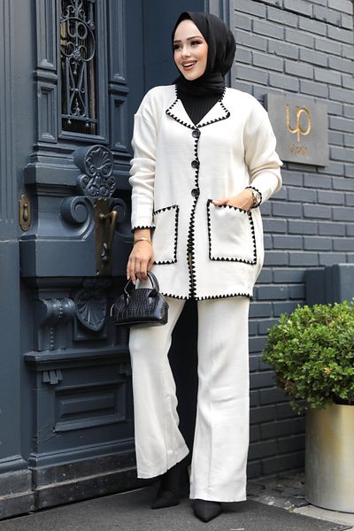 Neva Style طقم تريكو حجاب كريمي مكون من قطعتين - أزرار، 23304KR