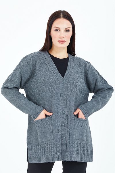 Elçelya Moda Women's Gray V-Neck Buttoned Pocket Knitted Wool Mother Knitwear Short Cardigan