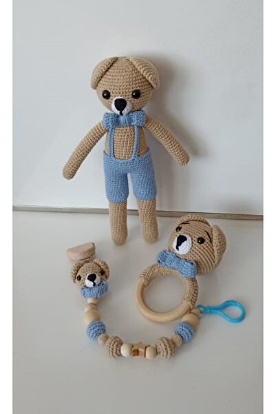 Toyscity Mavi Ayıcık Emzik Seti Amigurumi Örgü Oyuncak